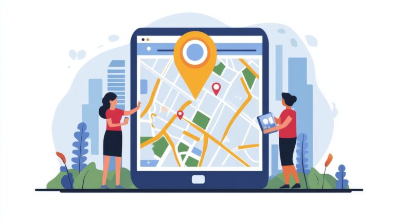 Ilustração de pessoas em uma cidade em volta de um tablet com o Google Maps aberto